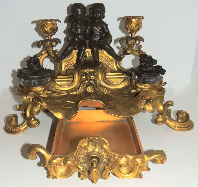 Late 19th Century Very Fine Linke Figural Doré Bronze Crystal Inkwell Ormolu Drawer Candelabra For Sale