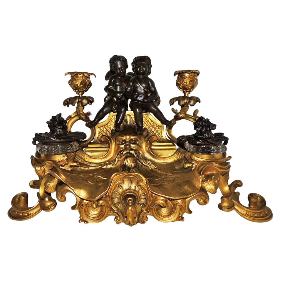 Very Fine Linke Figural Doré Bronze Crystal Inkwell Ormolu Drawer Candelabra For Sale