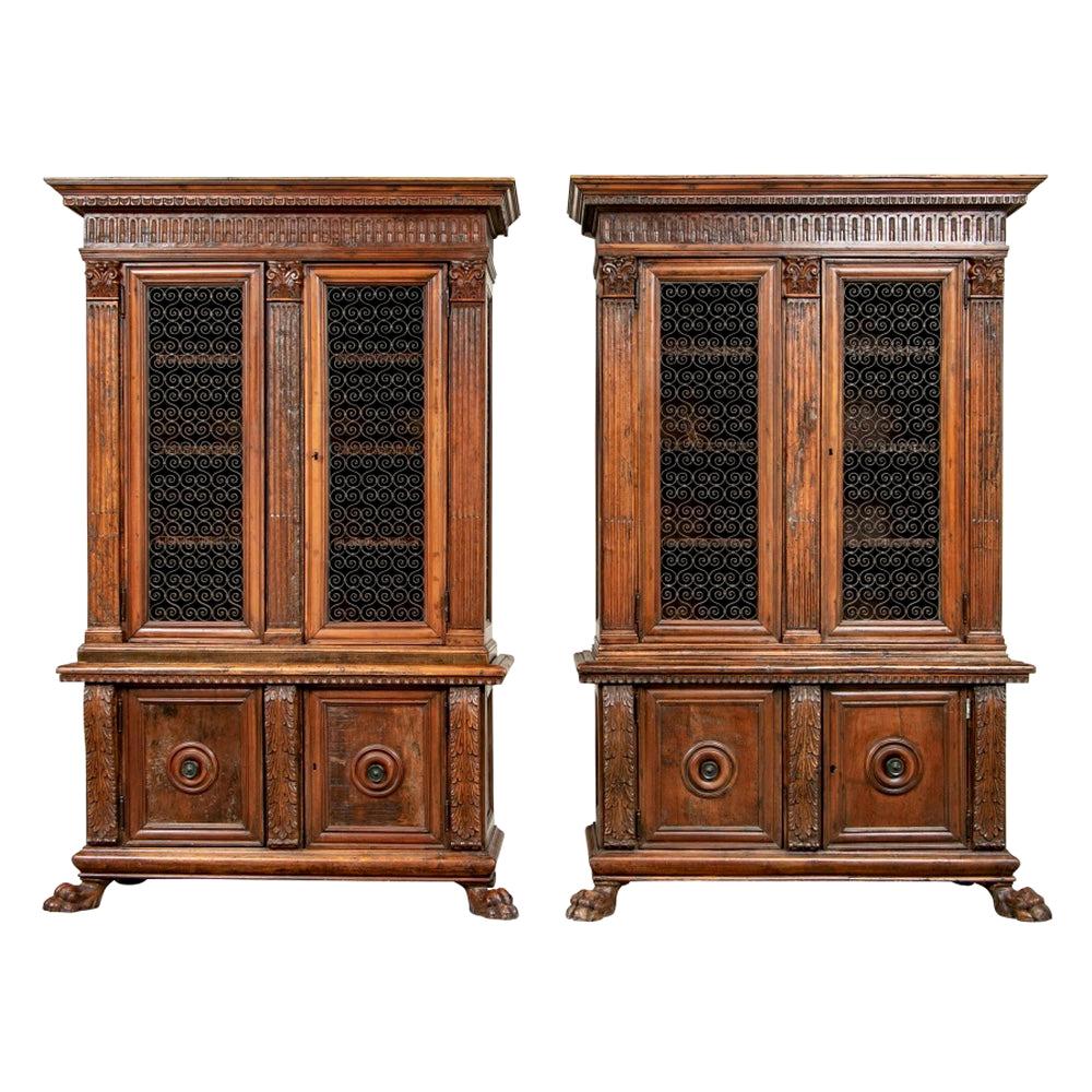 Very Fine Matched Pair of Antique Italian Carved Cabinets with Grille Work Doors