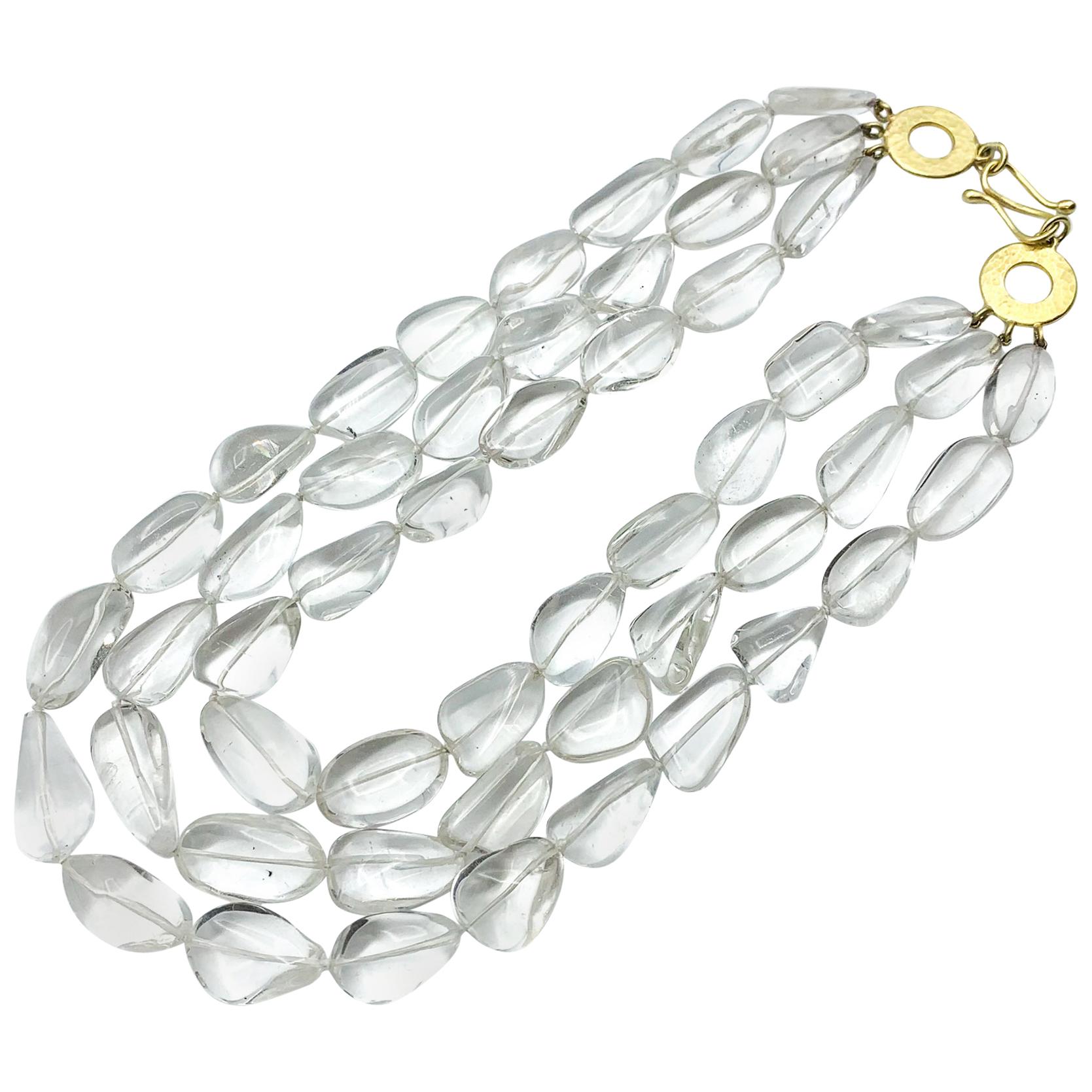 Very Fine Multi Strand Rock Quartz Crystal Necklace - 18K Gold 