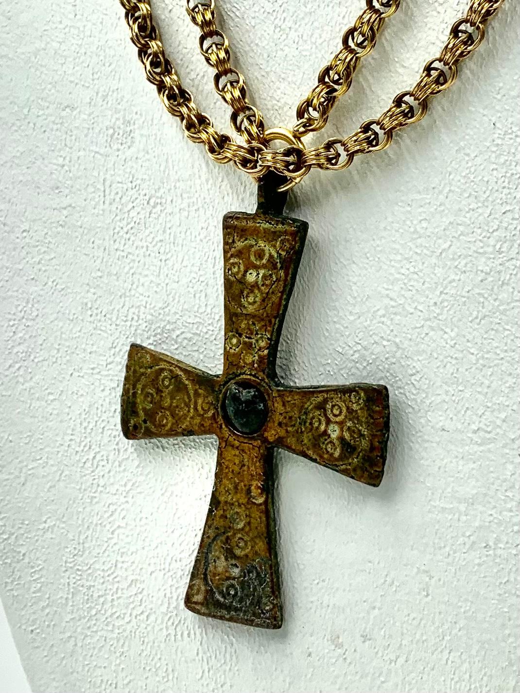 Large, early Byzantine pectoral cross of exceptionally fine quality and original patina, dating to 5th-7th century A.D. The surface, velvet soft to the touch from centuries of being handled with reverence and love. Each slightly flaring arm engraved