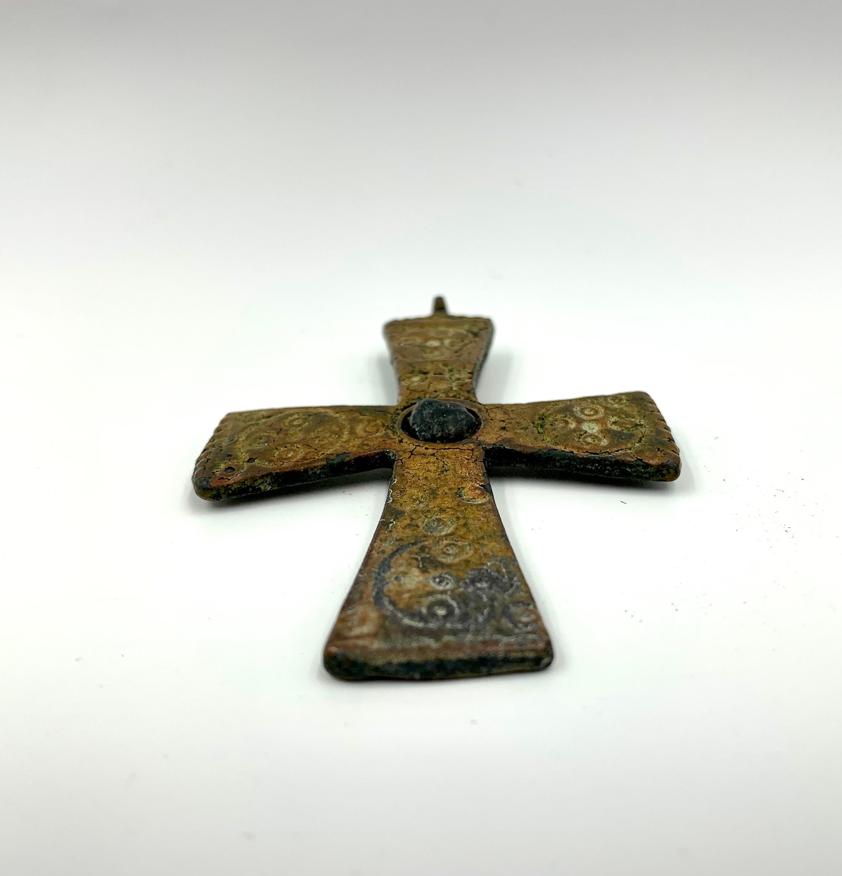 Very Fine Museum Quality Byzantine Bronze and Enamel Cross, 5th-7th Century A.D. 1