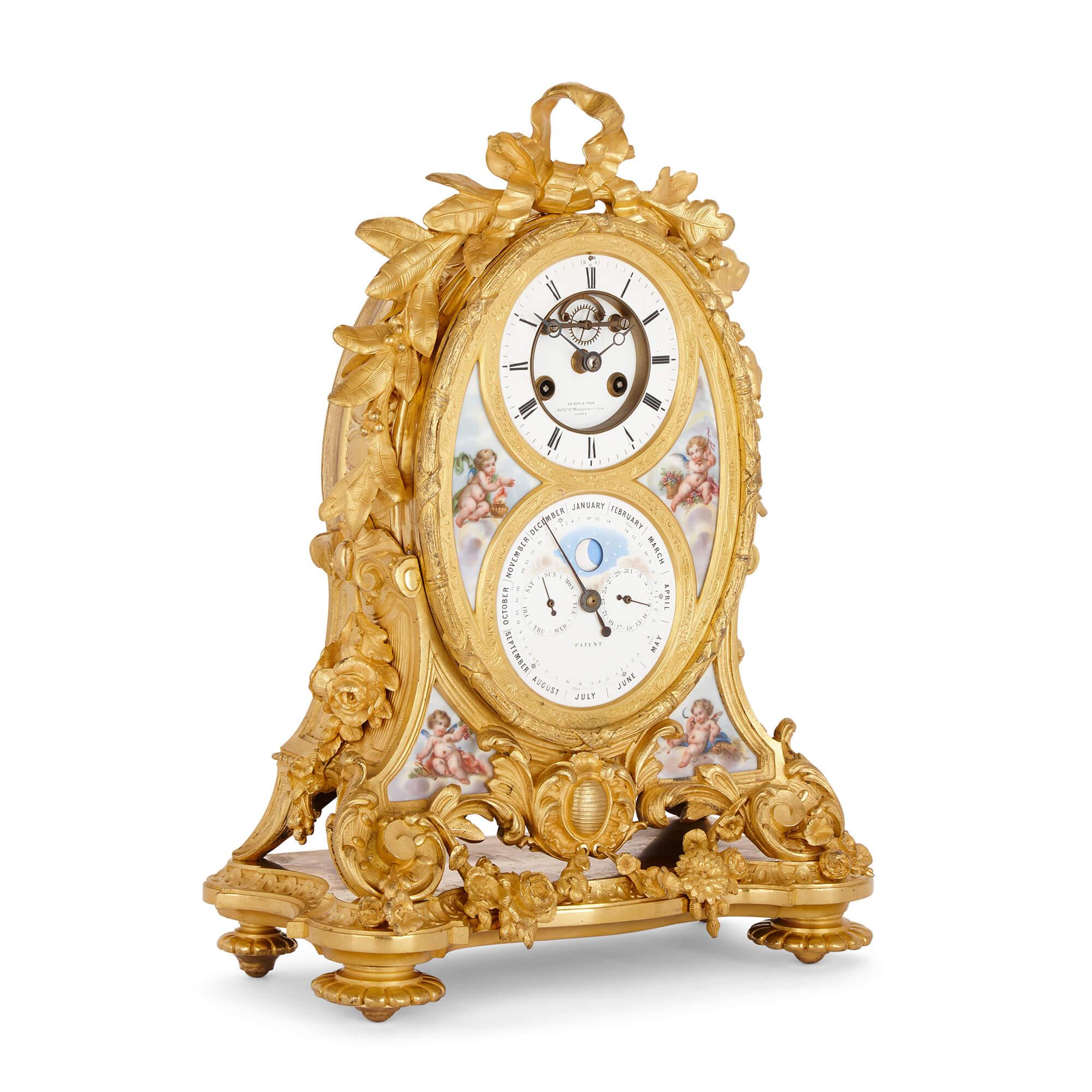 Very fine ormolu and Sèvres-style porcelain calendar mantel clock
French, 19th Century
Measures: Height 43cm, width 31cm, depth 16cm

In a similar style to pieces by the famed and leading clockmaking firm of the late nineteenth century, Charles