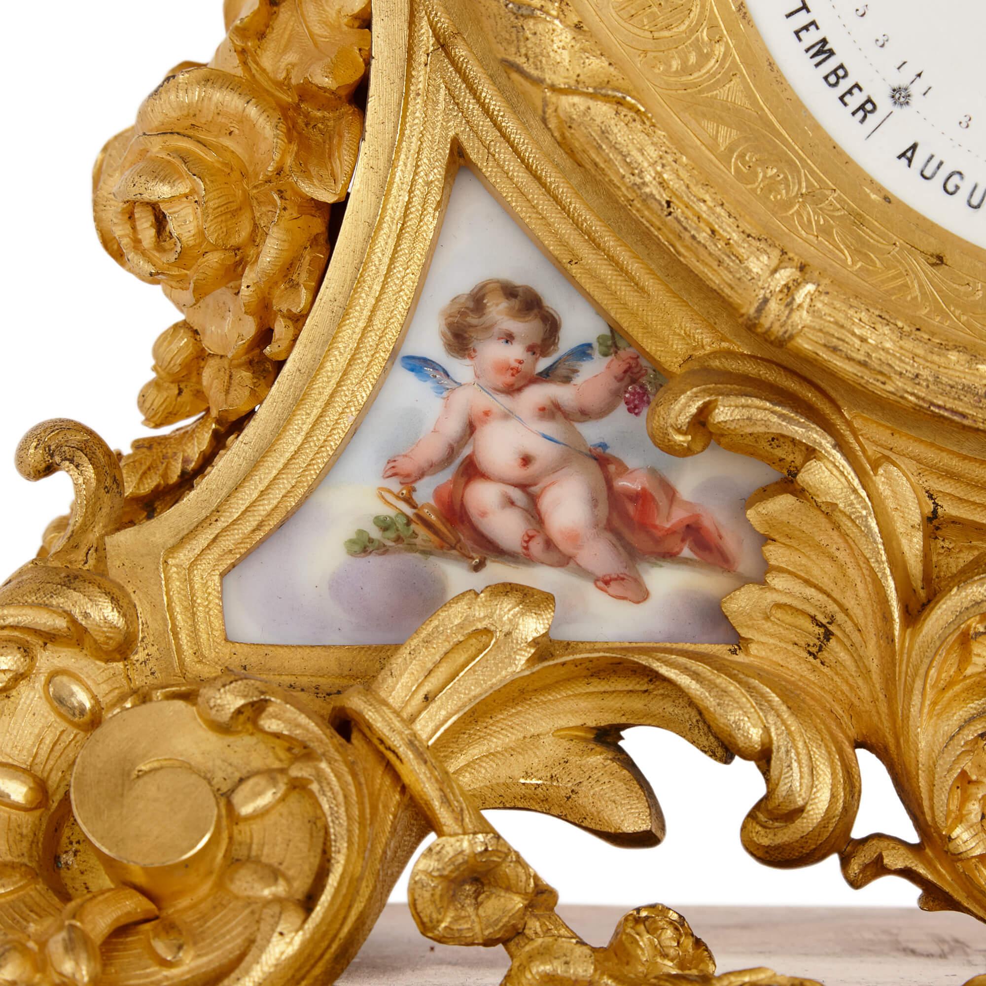 Rococo Very Fine Ormolu and Sèvres-style Porcelain Calendar Mantel Clock For Sale