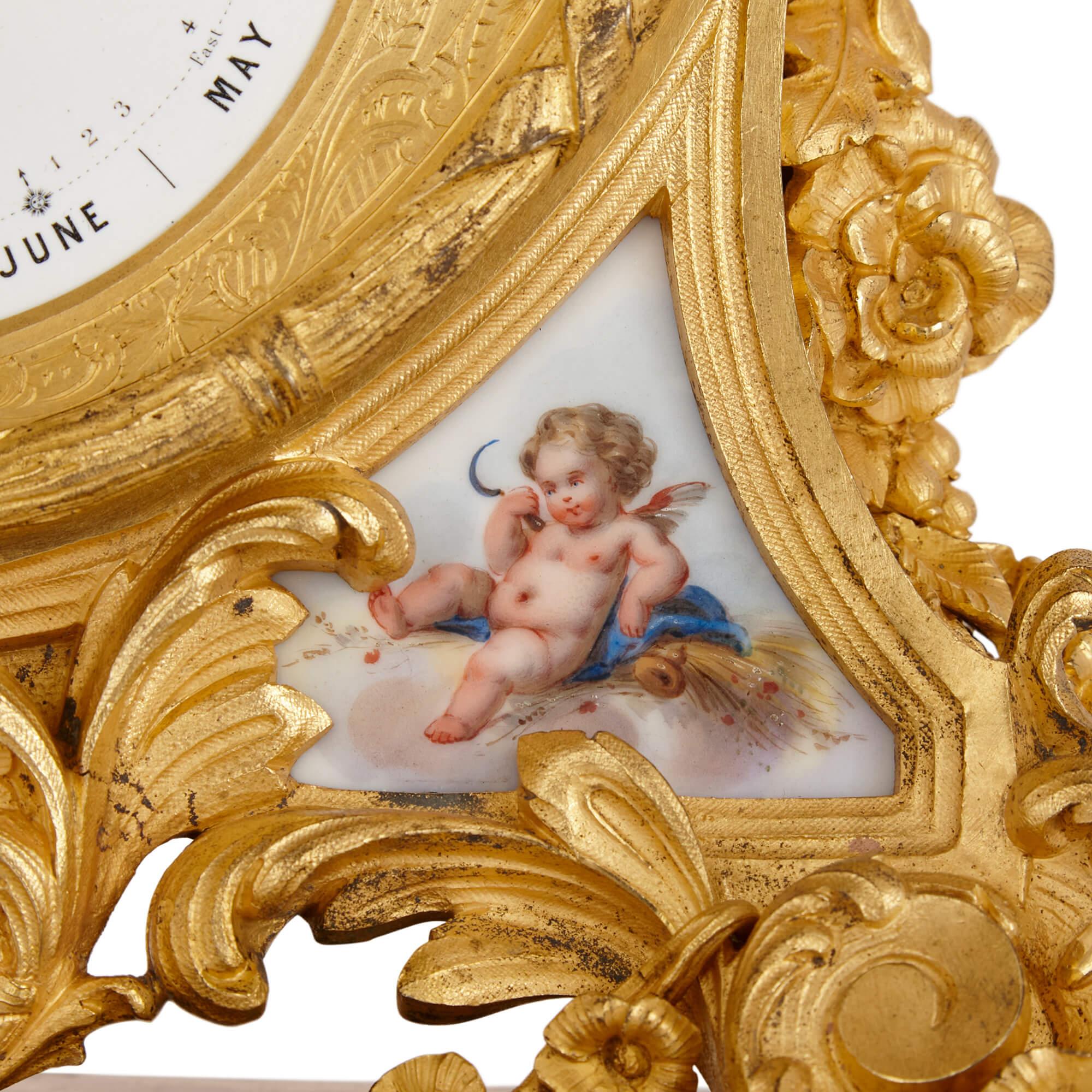 French Very Fine Ormolu and Sèvres-style Porcelain Calendar Mantel Clock For Sale