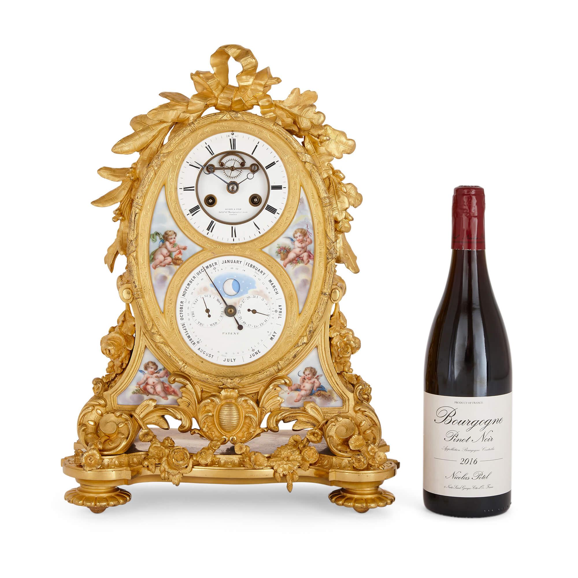 19th Century Very Fine Ormolu and Sèvres-style Porcelain Calendar Mantel Clock For Sale