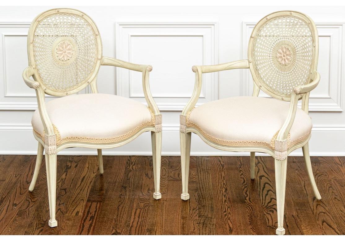 Very Fine Pair Caned Back Paint Decorated and Carved Fauteuils 4