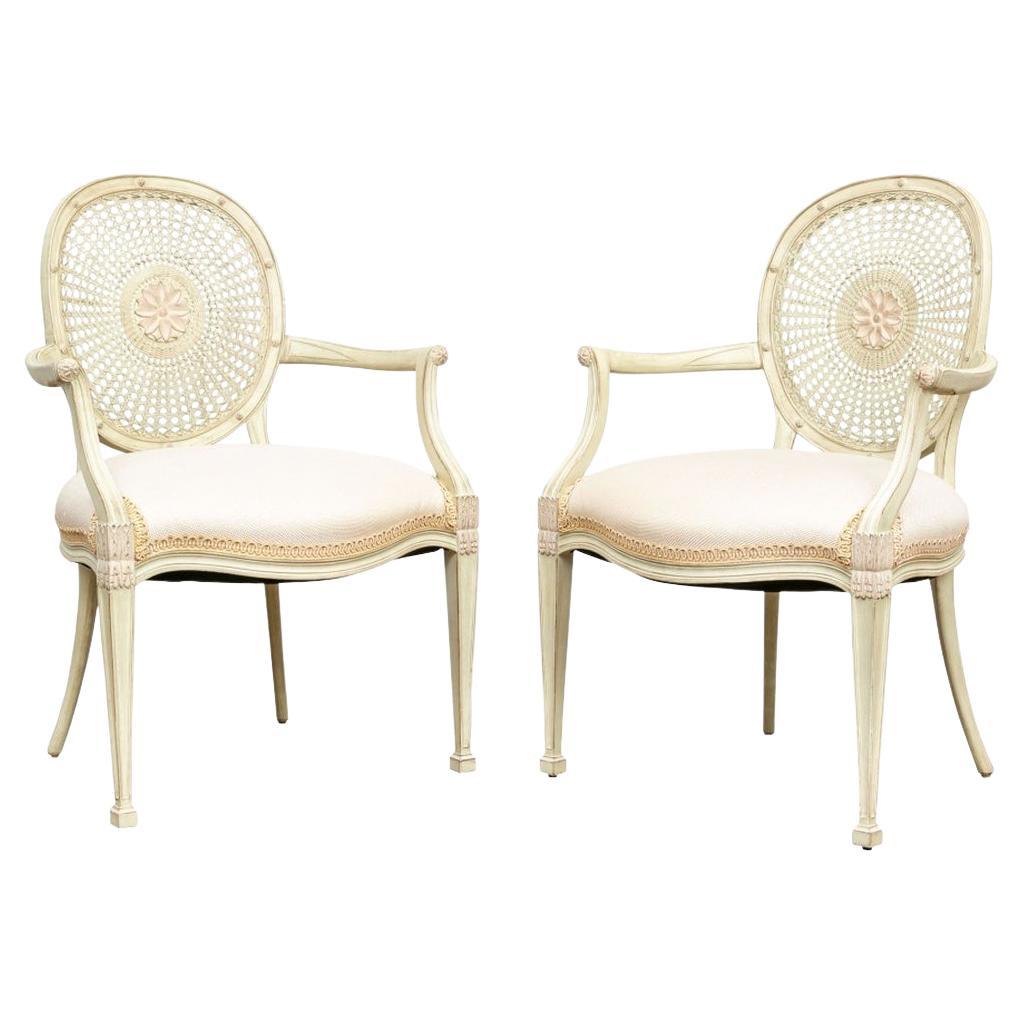 Very Fine Pair Caned Back Paint Decorated and Carved Fauteuils