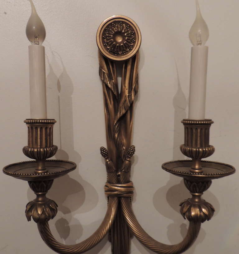 Very Fine Pair E.F. Caldwell Gilt Bronze, Tassel Two-Light Neoclassical Sconces In Excellent Condition In Roslyn, NY