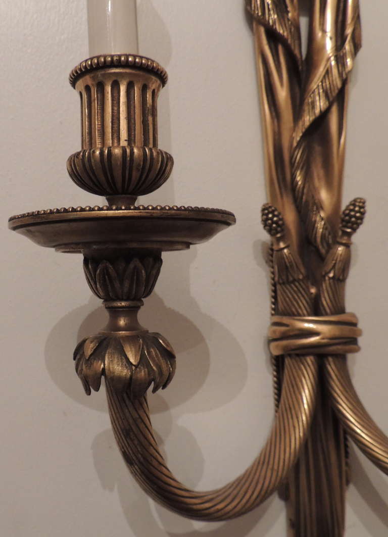 20th Century Very Fine Pair E.F. Caldwell Gilt Bronze, Tassel Two-Light Neoclassical Sconces