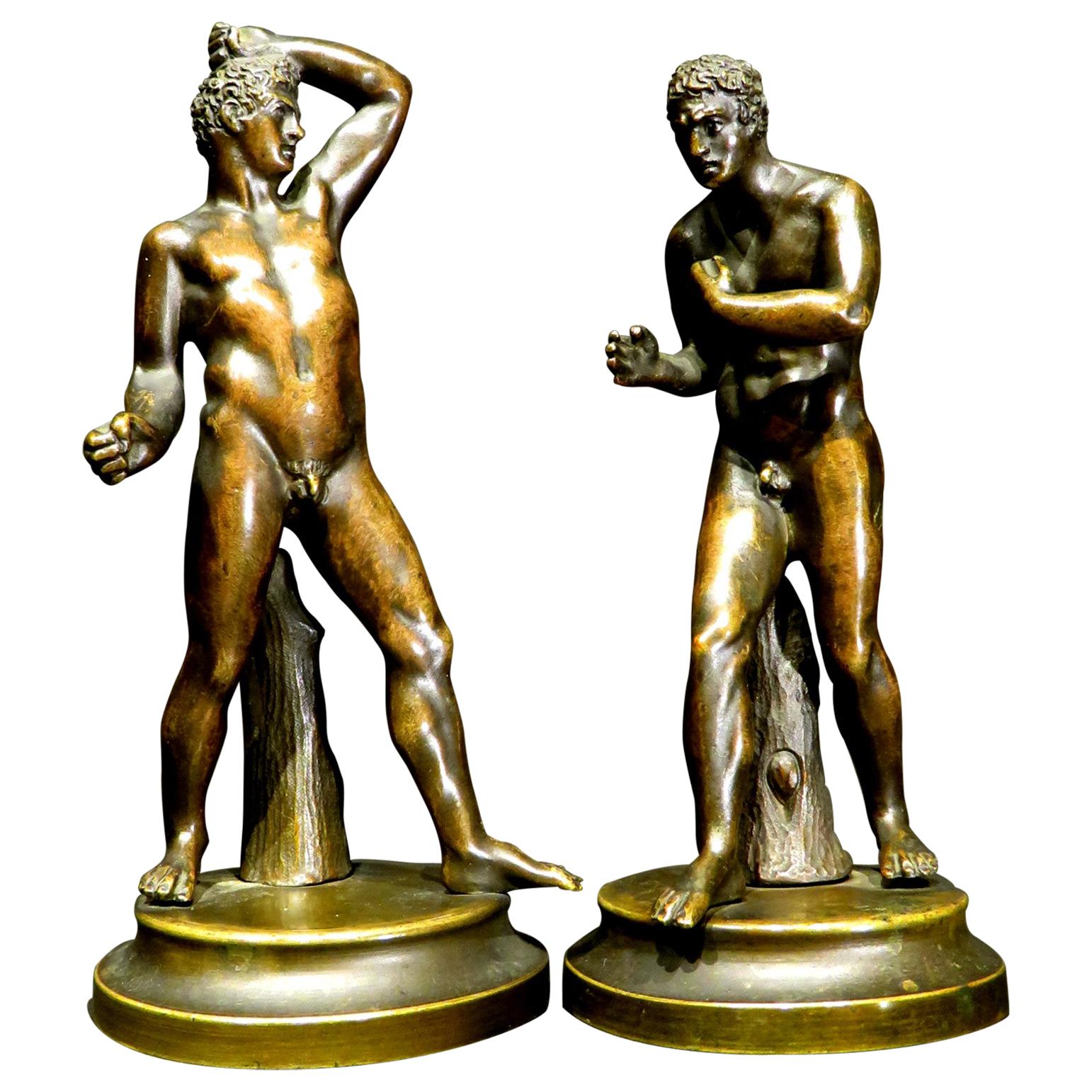 Finely Cast Pair of 19th Century Grand Tour Miniature Bronzes of The Pugilists 
