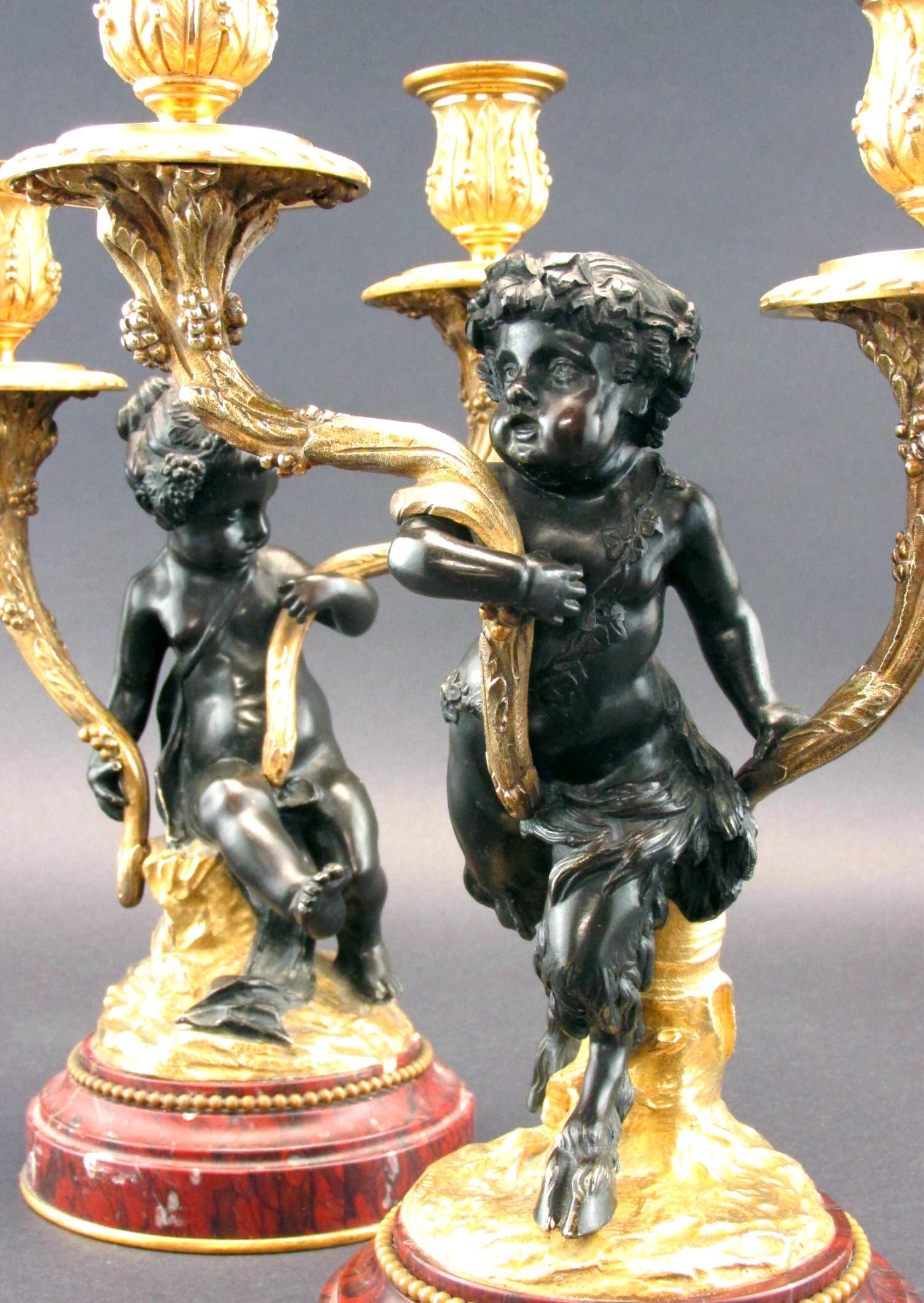 Cast Superior Pair of 19th Century Patinated & Parcel Gilt Bronze Figural Candelabra For Sale