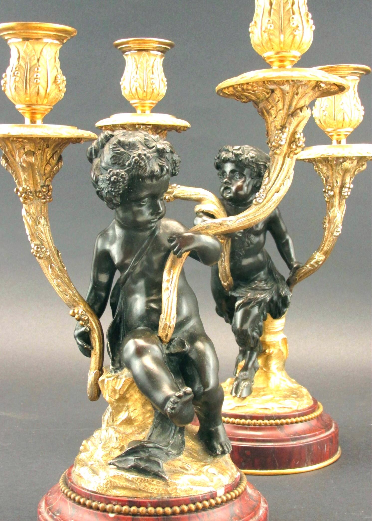 Superior Pair of 19th Century Patinated & Parcel Gilt Bronze Figural Candelabra In Good Condition For Sale In Ottawa, Ontario