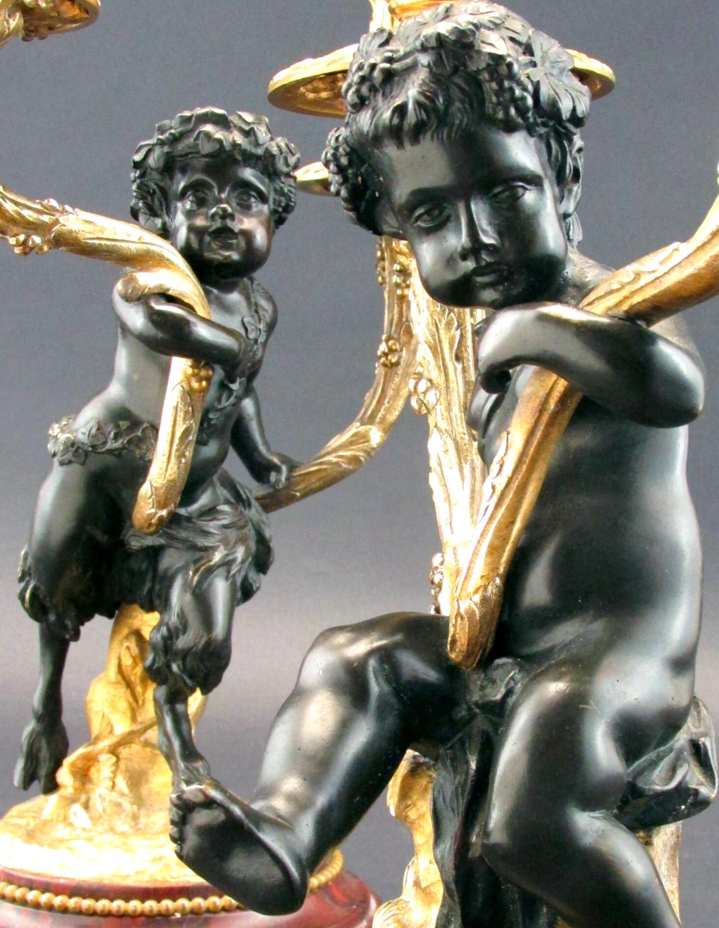 French Superior Pair of 19th Century Patinated & Parcel Gilt Bronze Figural Candelabra For Sale