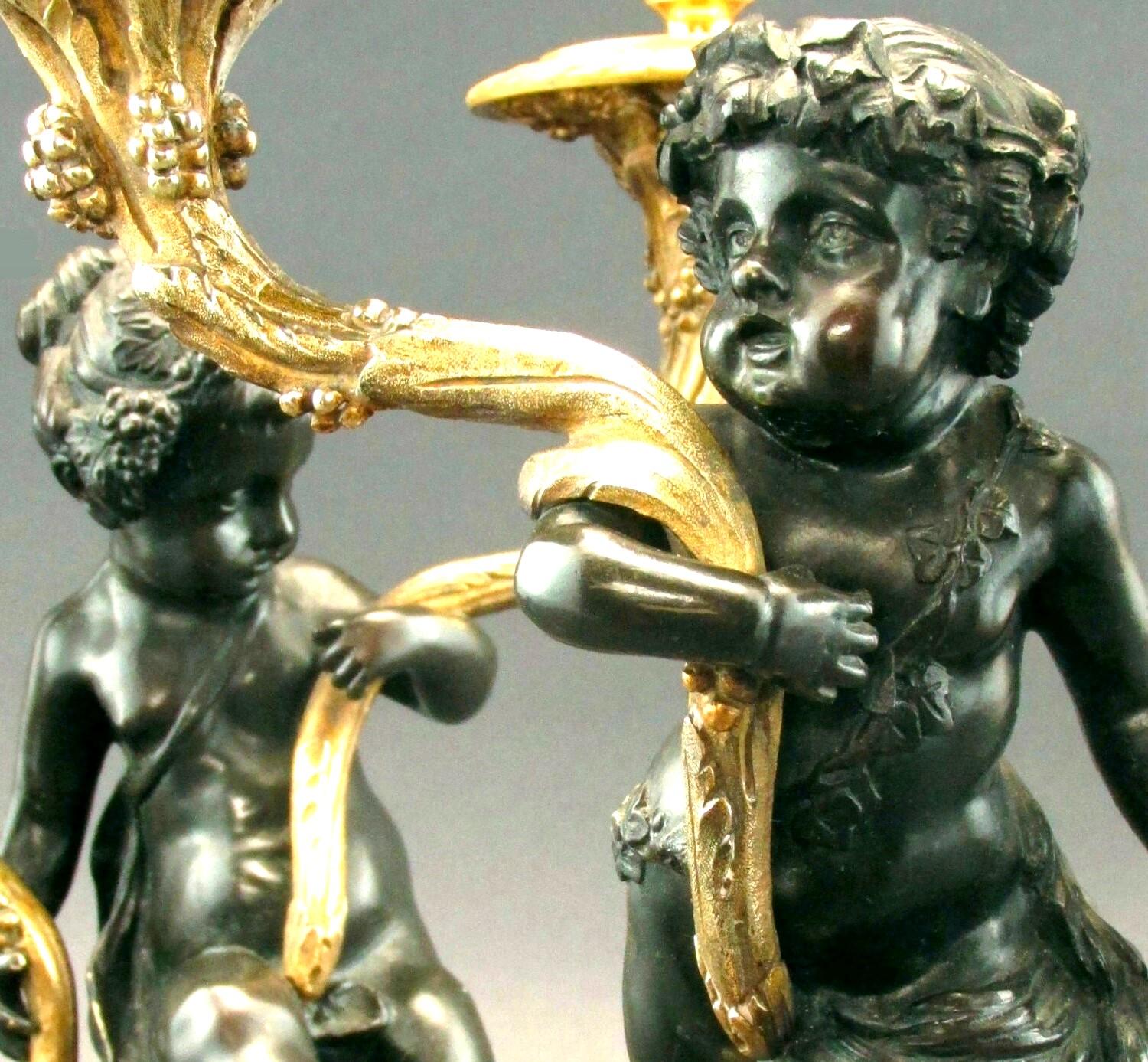 Rococo Revival Superior Pair of 19th Century Patinated & Parcel Gilt Bronze Figural Candelabra For Sale