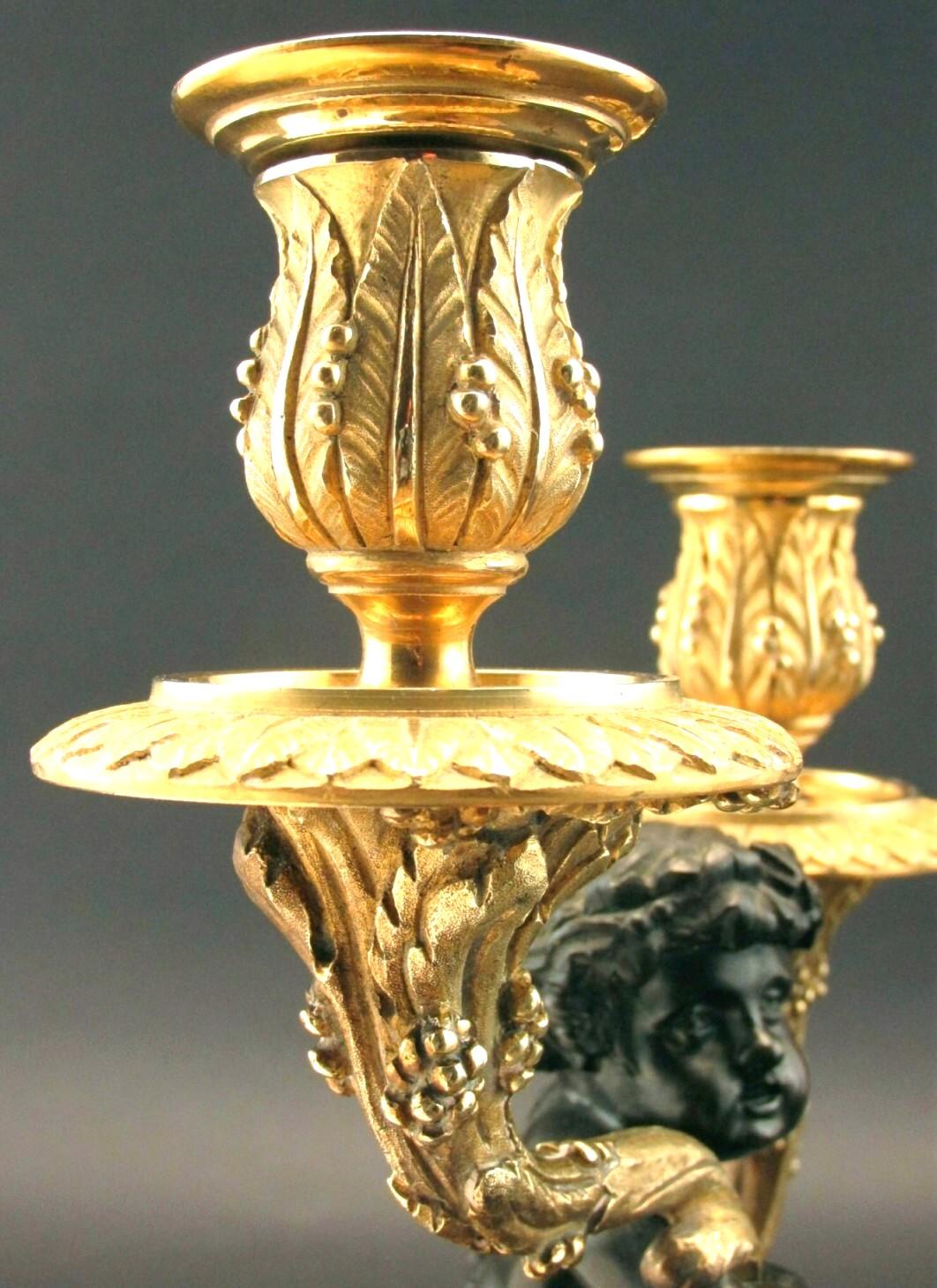 Marble Superior Pair of 19th Century Patinated & Parcel Gilt Bronze Figural Candelabra For Sale