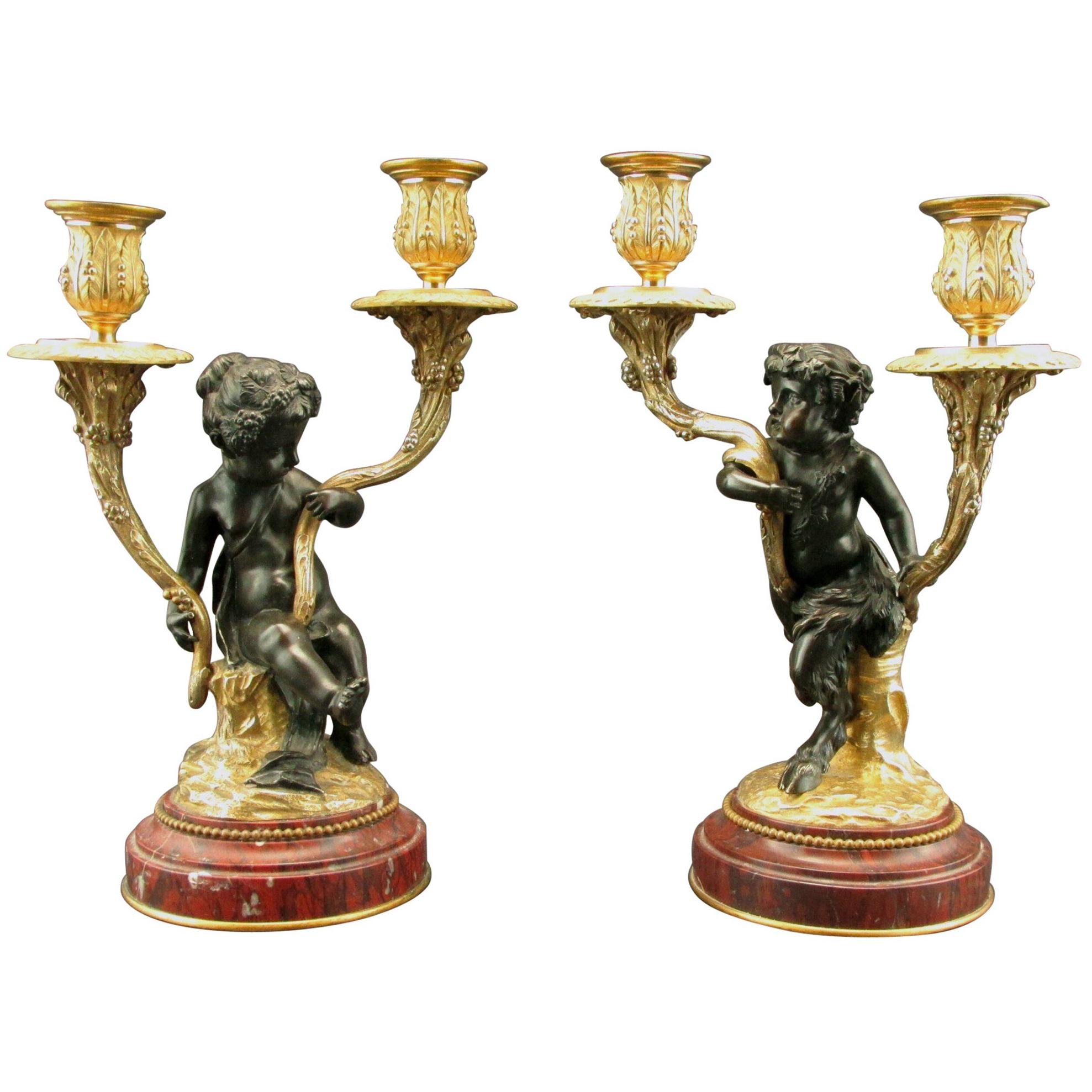 Pair of Candelabra in the Style of Louis XV in Gold Gilt Bronze, 19th