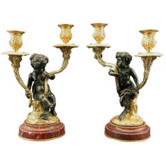 Very Fine Pair of 19th Century Louis XV Style Gilt Bronze Figural Candelabra