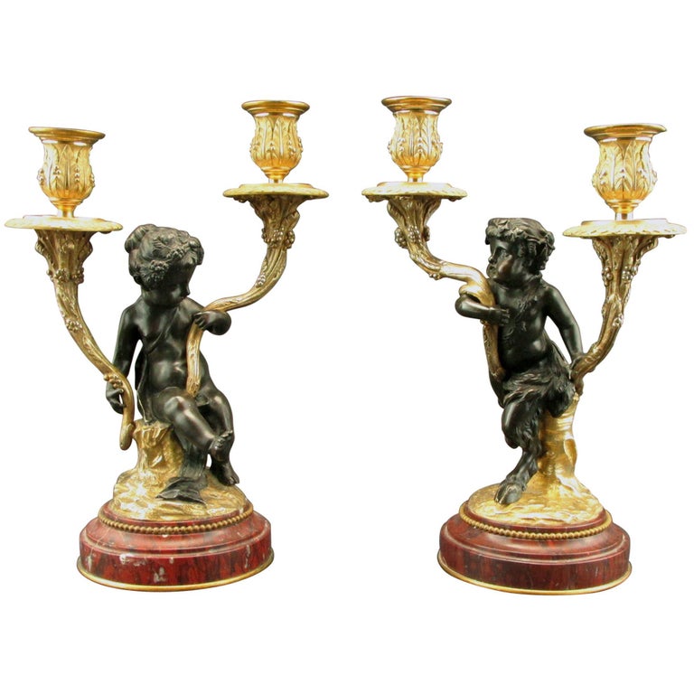 Very Fine Pair of 19th Century Louis XV Style Gilt Bronze Figural Candelabra For Sale