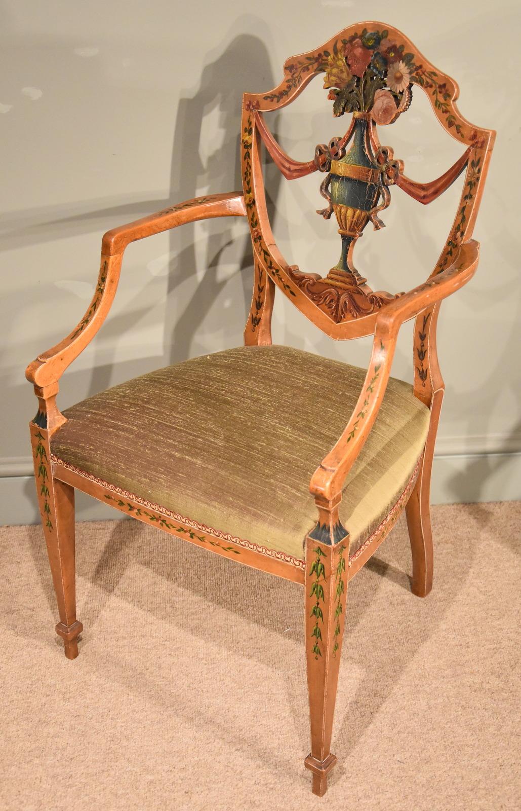 English Very Fine Pair of 19th Century Satinwood Painted Armchairs