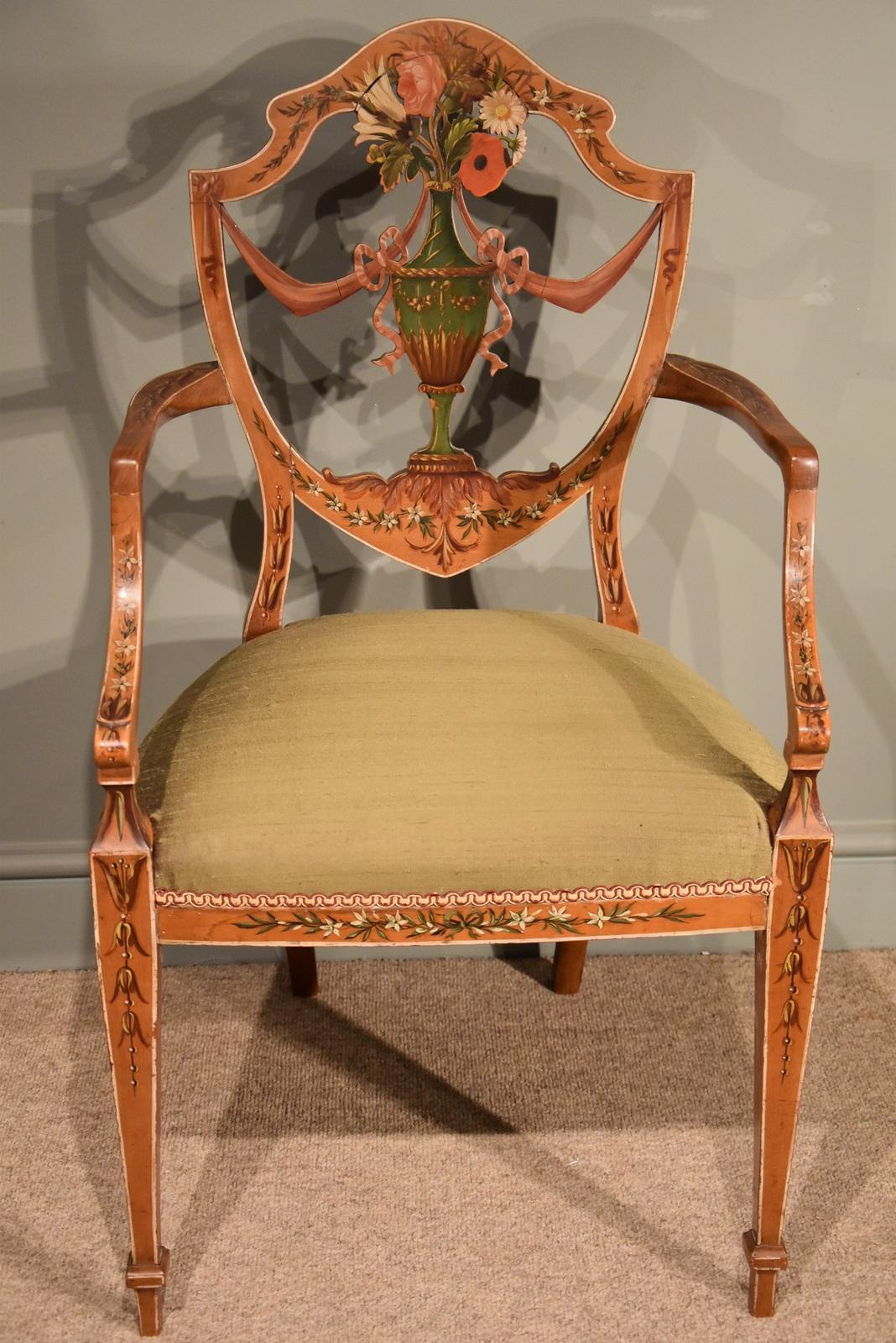 Very Fine Pair of 19th Century Satinwood Painted Armchairs 2