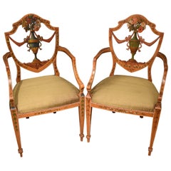 Very Fine Pair of 19th Century Satinwood Painted Armchairs