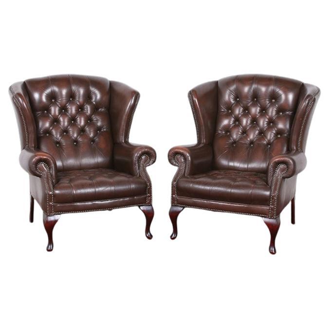 Very Fine Pair Of English Button Tufted Leather Wingbacks