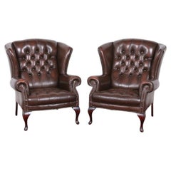 Vintage Very Fine Pair Of English Button Tufted Leather Wingbacks
