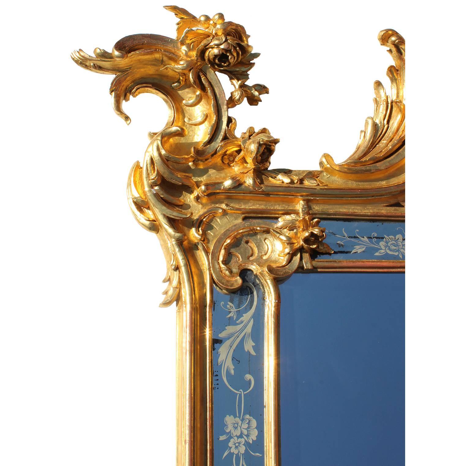 Français Très belle paire de miroirs de pilier de style rococo français du 19ème siècle en bois doré sculpté en vente