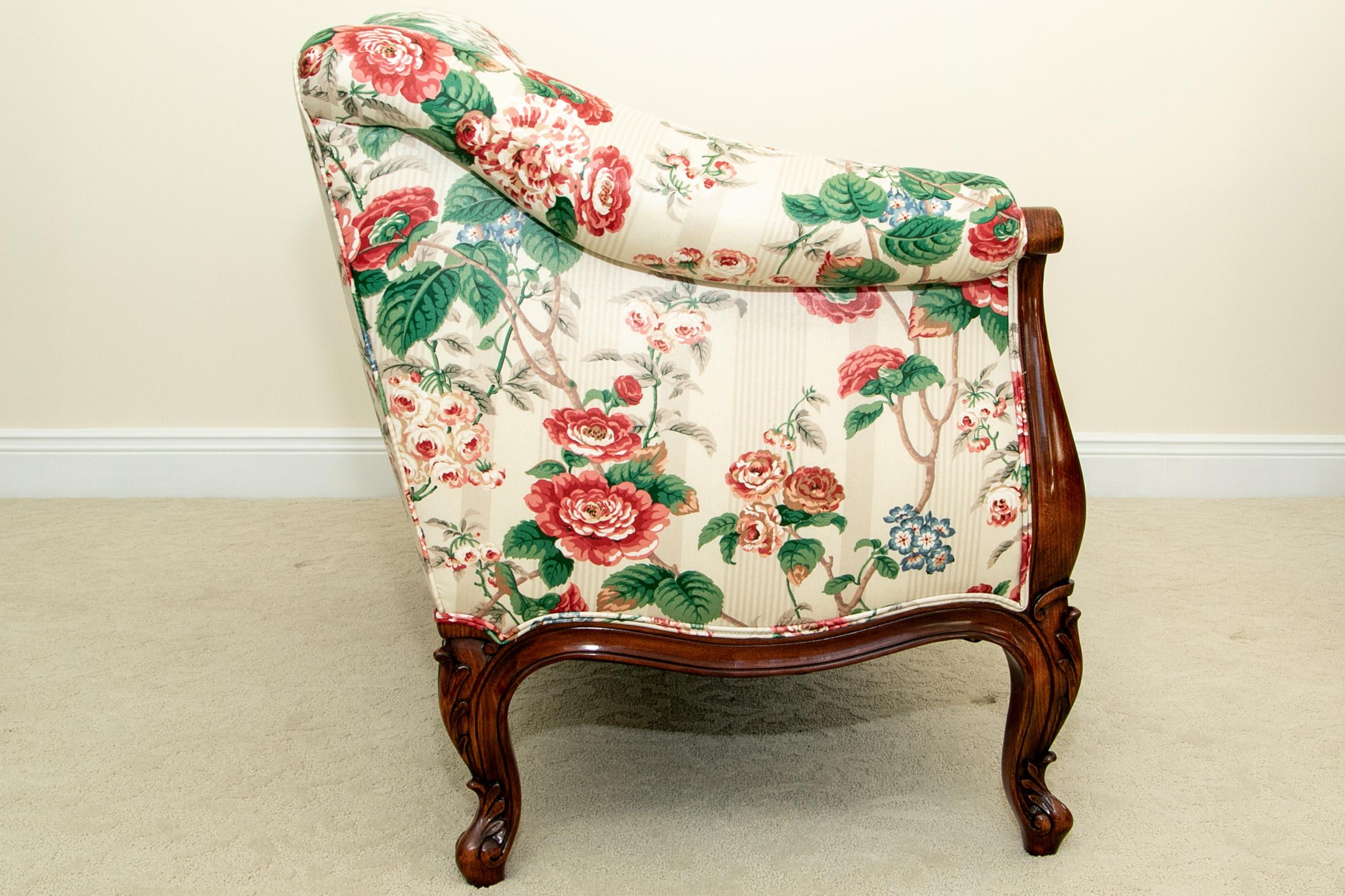 French Provincial Very Fine Pair of French Style Vintage Love Seats in a Custom Floral Chintz Fabr