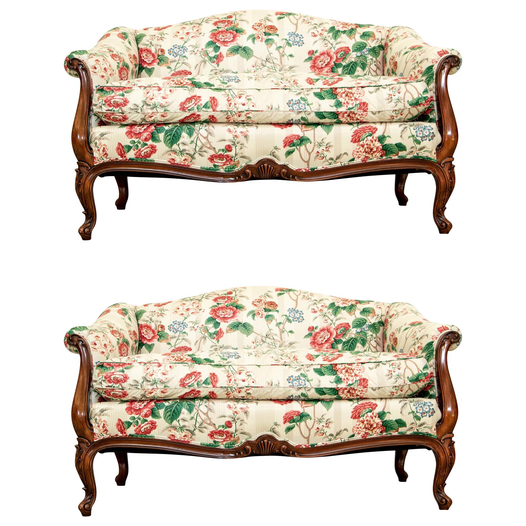 Very Fine Pair of French Style Vintage Love Seats in a Custom Floral Chintz Fabr