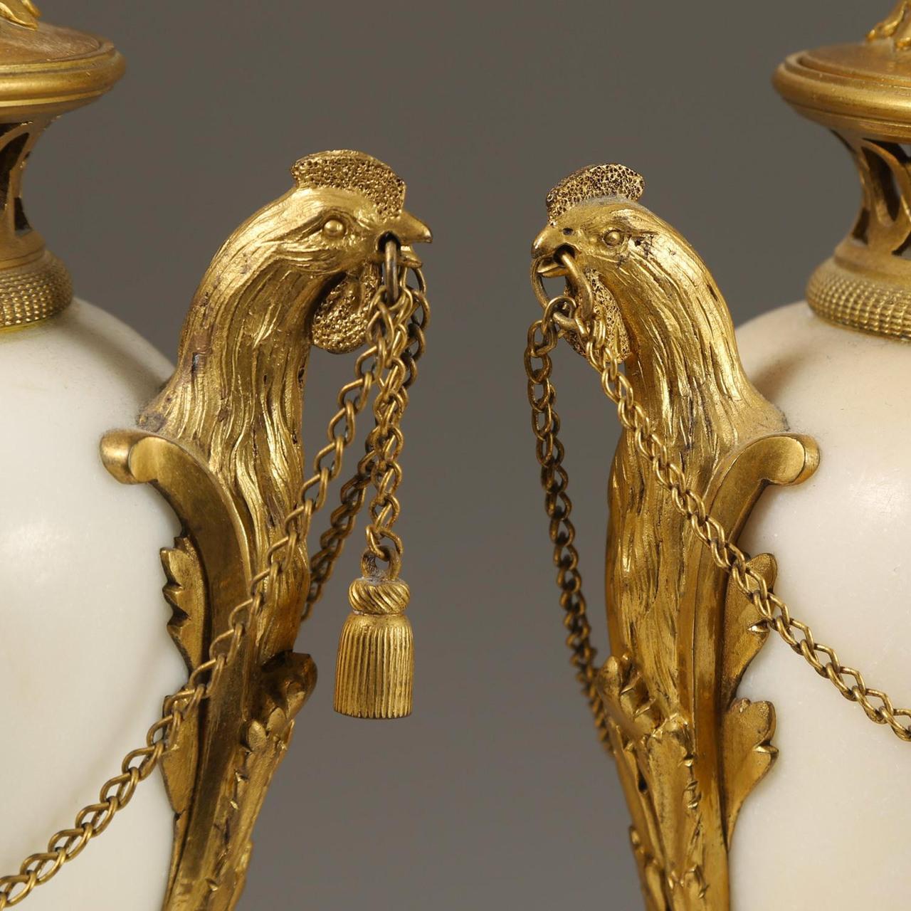 19th Century Very Fine Pair of Gilded Bronze and White Marble Covered Urns For Sale