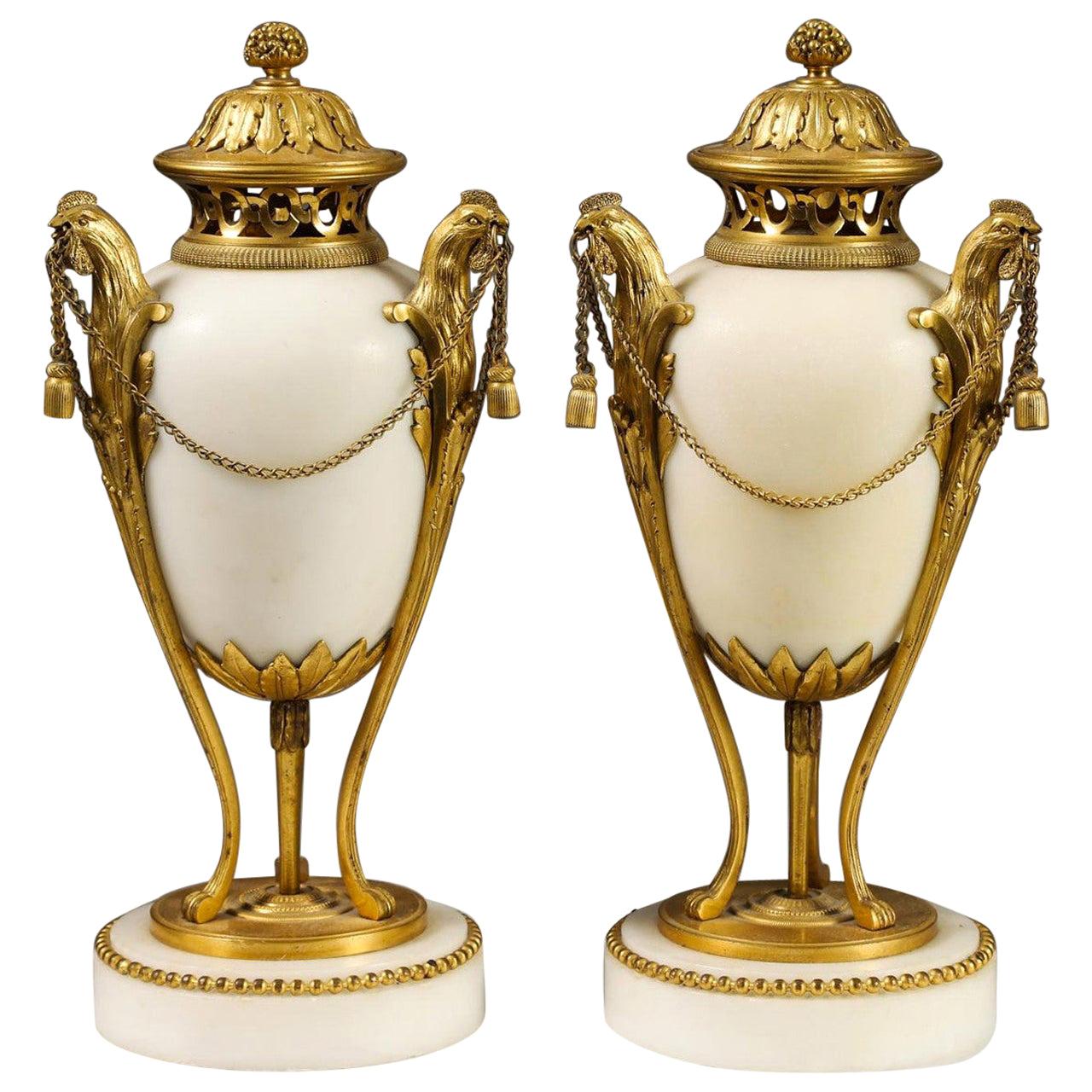 Very Fine Pair of Gilded Bronze and White Marble Covered Urns For Sale