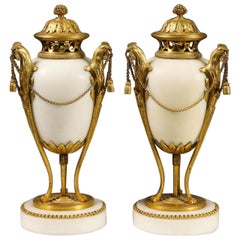 Antique Very Fine Pair of Gilded Bronze and White Marble Covered Urns