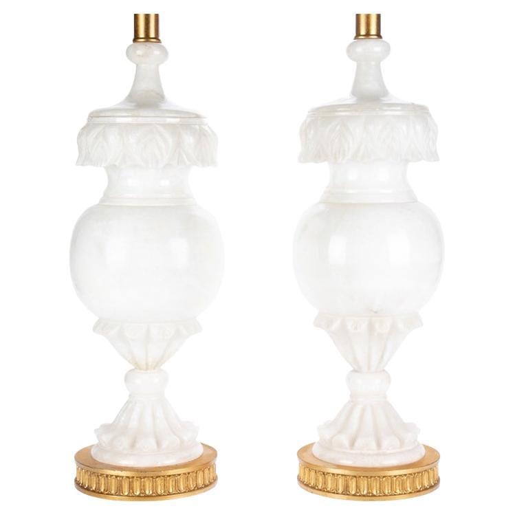 Very Fine Pair of Tall Vintage Carved Alabaster Table Lamps