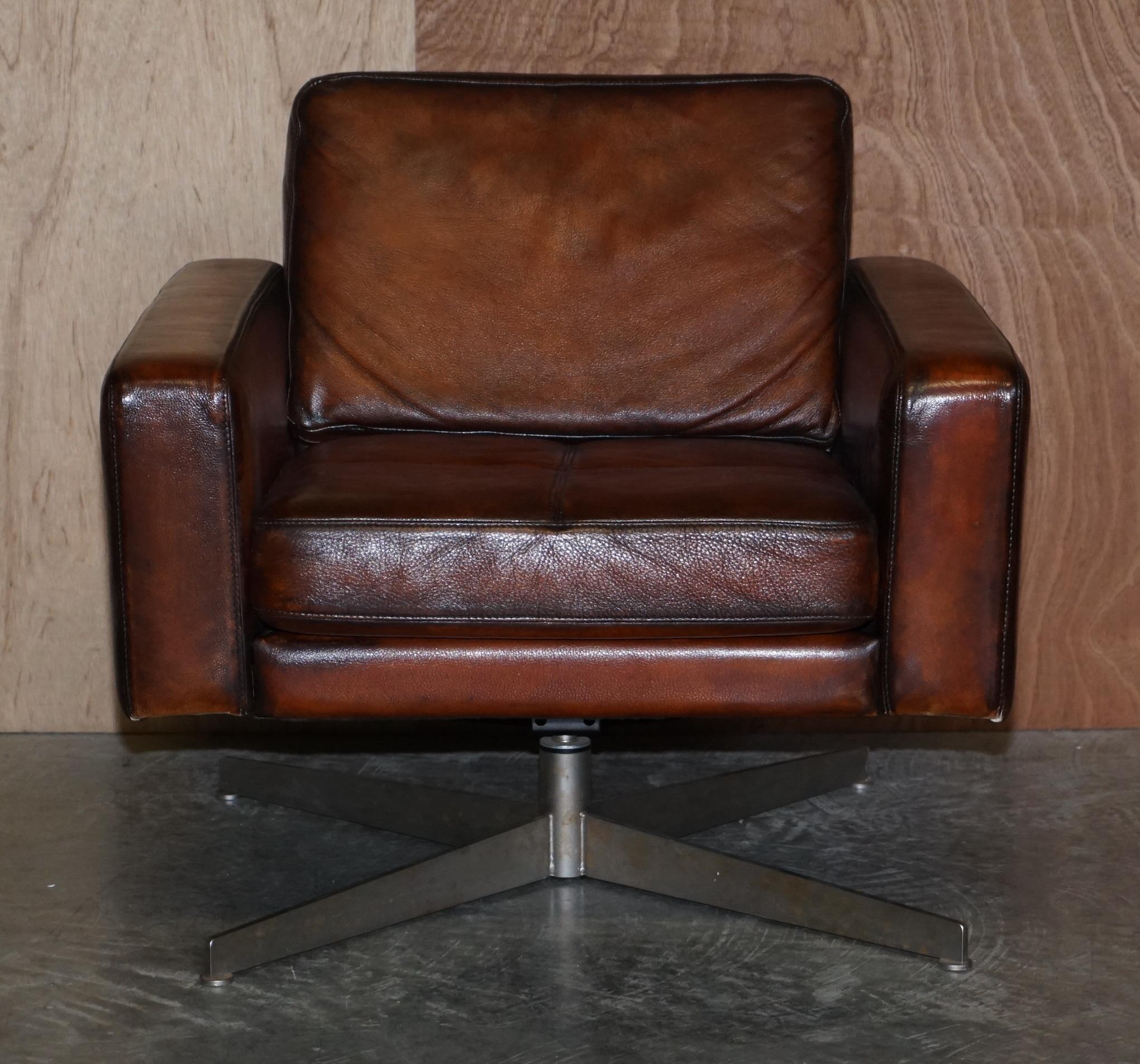 Art Deco Very Fine Pair of Vintage Hand Dyed Bolia Whisky Brown Leather Swivel Armchairs