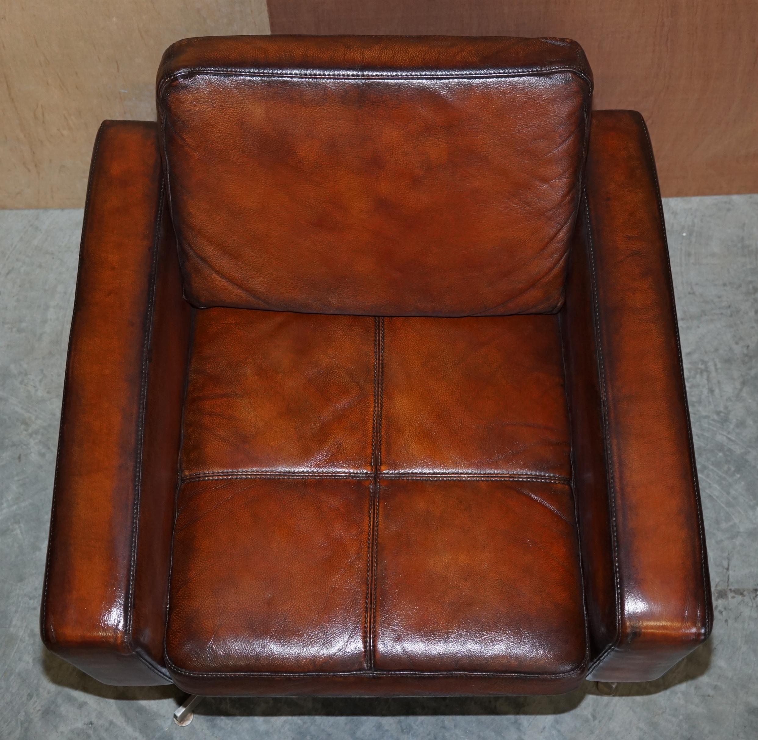 20th Century Very Fine Pair of Vintage Hand Dyed Bolia Whisky Brown Leather Swivel Armchairs
