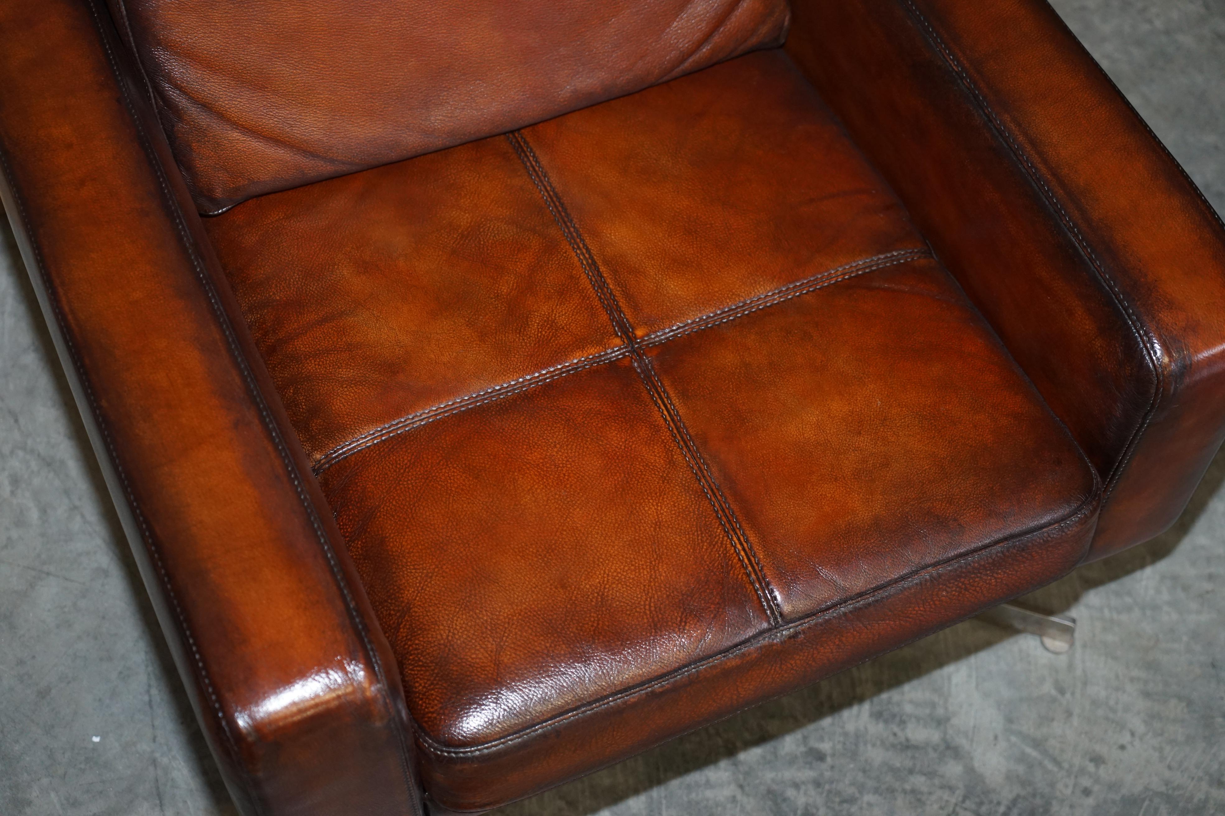 Very Fine Pair of Vintage Hand Dyed Bolia Whisky Brown Leather Swivel Armchairs 1
