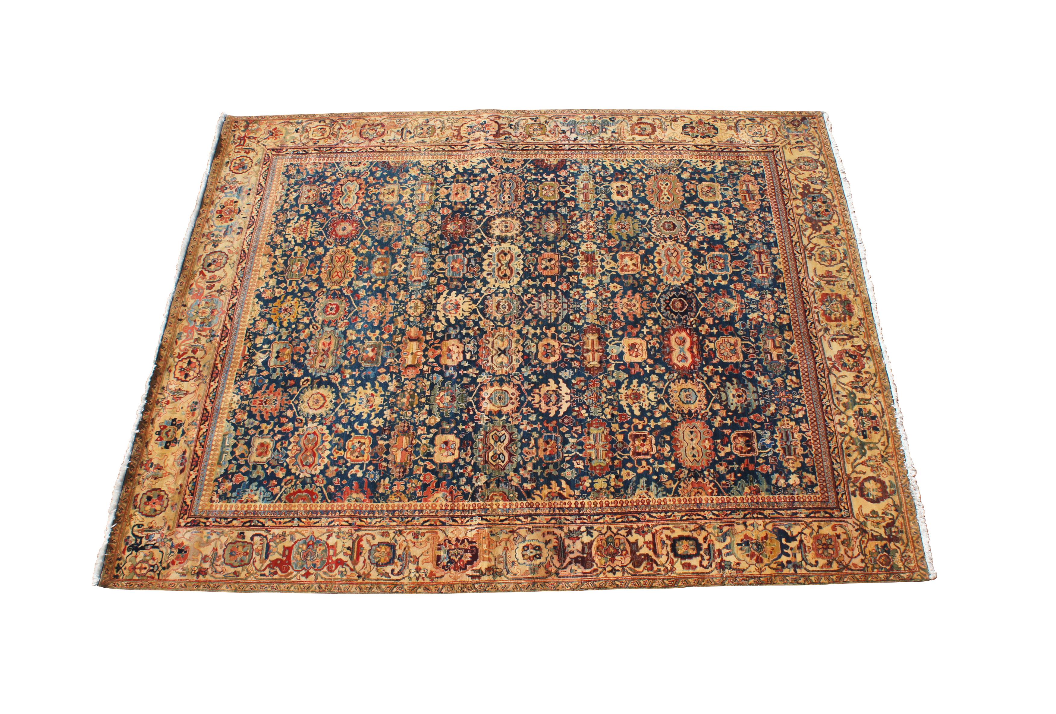 Genuine hand knotted oriental area rug.  Features a colorful blue and gold geometric design.  Hand woven from wool, 144kpsi

Dimensions:
95
