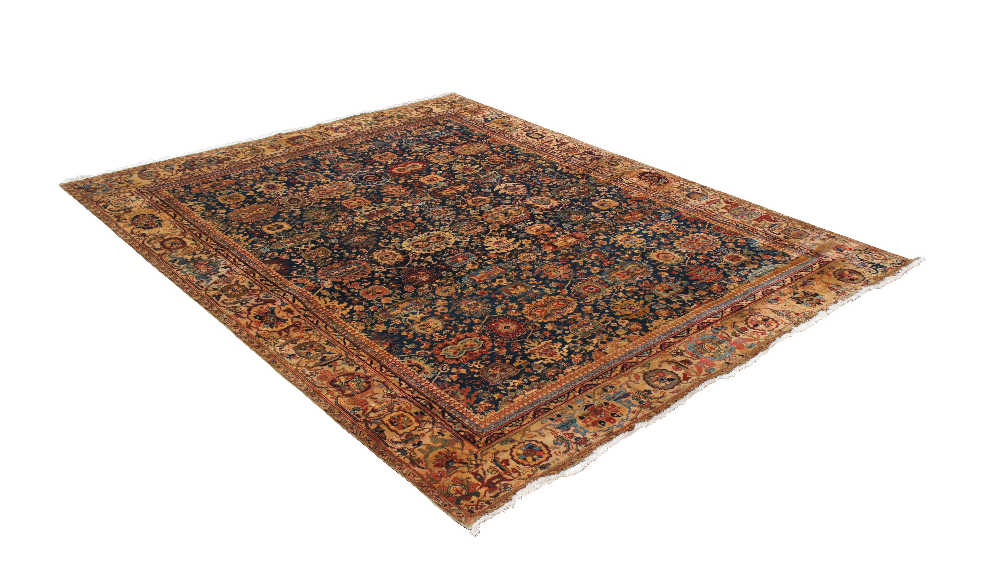 Very Fine Persian Bijar Hand Knotted Gold & Blue Floral Area Rug Carpet 8' x 10' In Good Condition For Sale In Dayton, OH