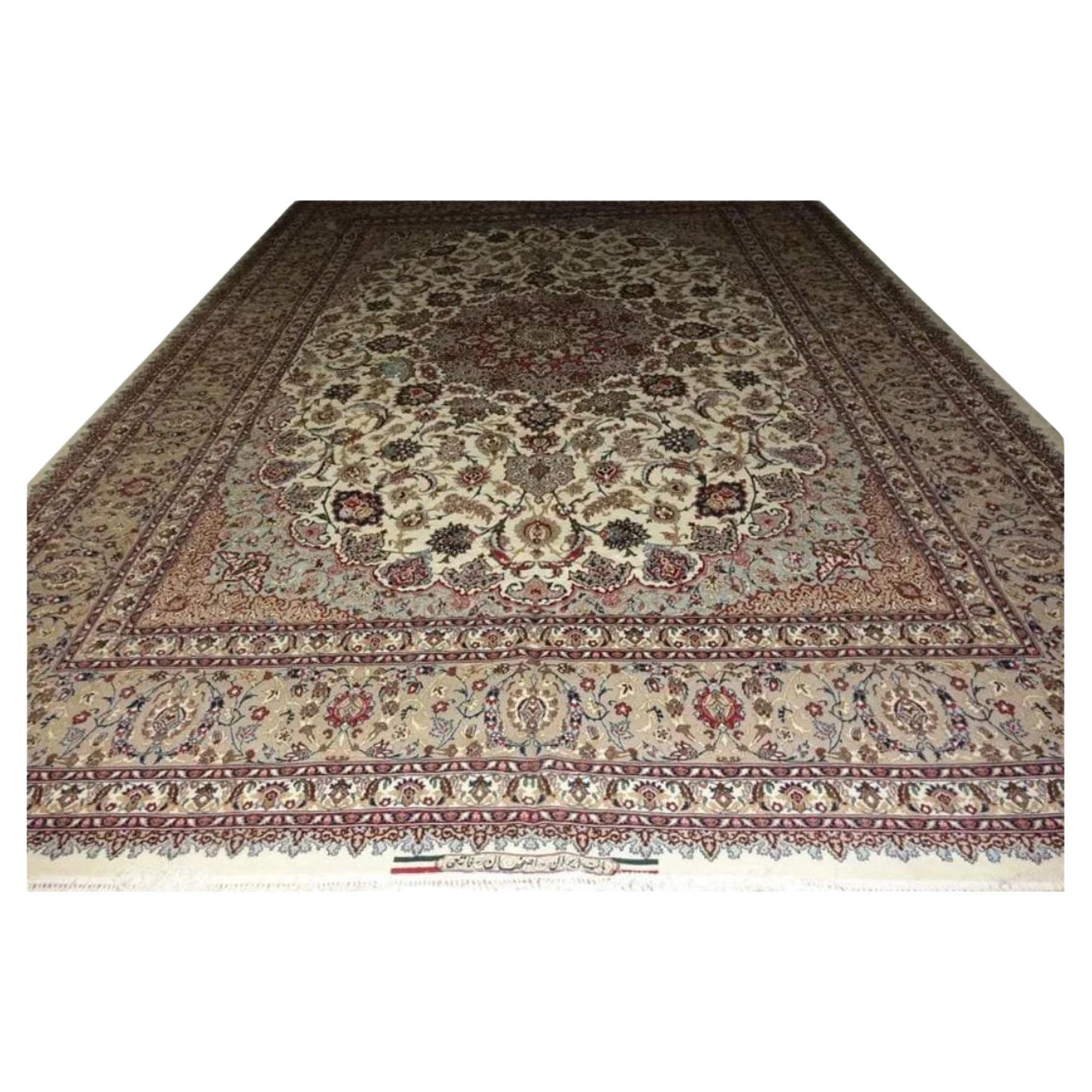 Très beau tapis persan d'Ispahan en soie et laine - 10' x 13' en vente