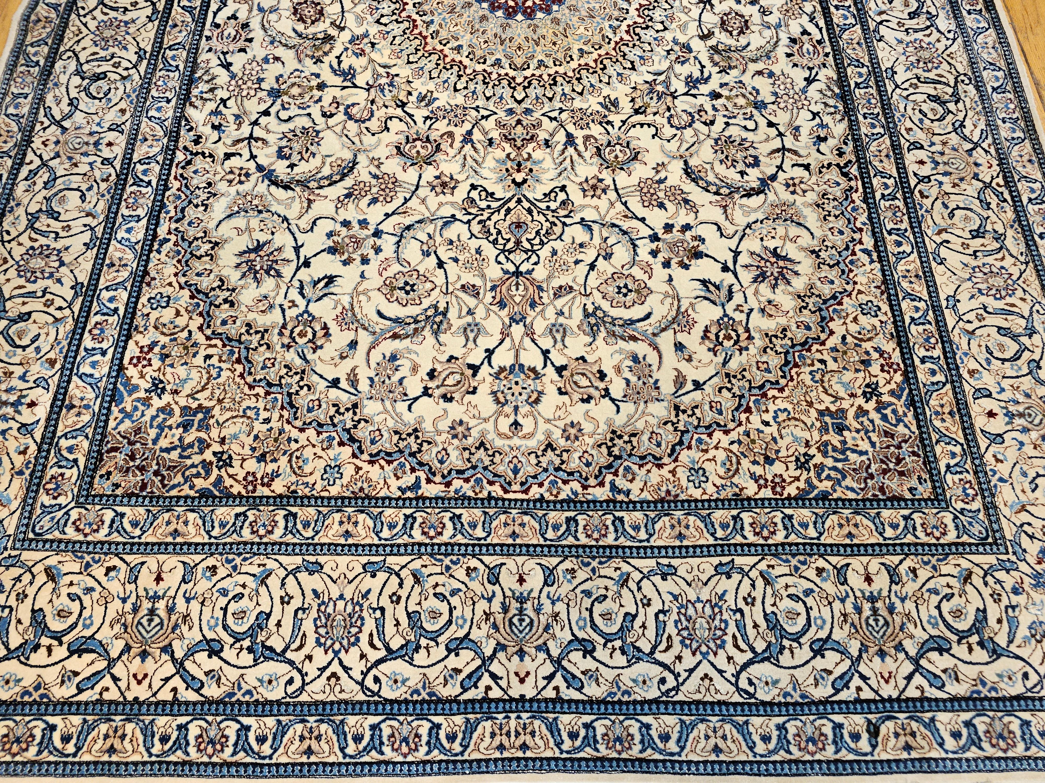Vintage Persian Nain Habibian in Floral Pattern in Ivory, Pale Blue, Pale Green For Sale 6