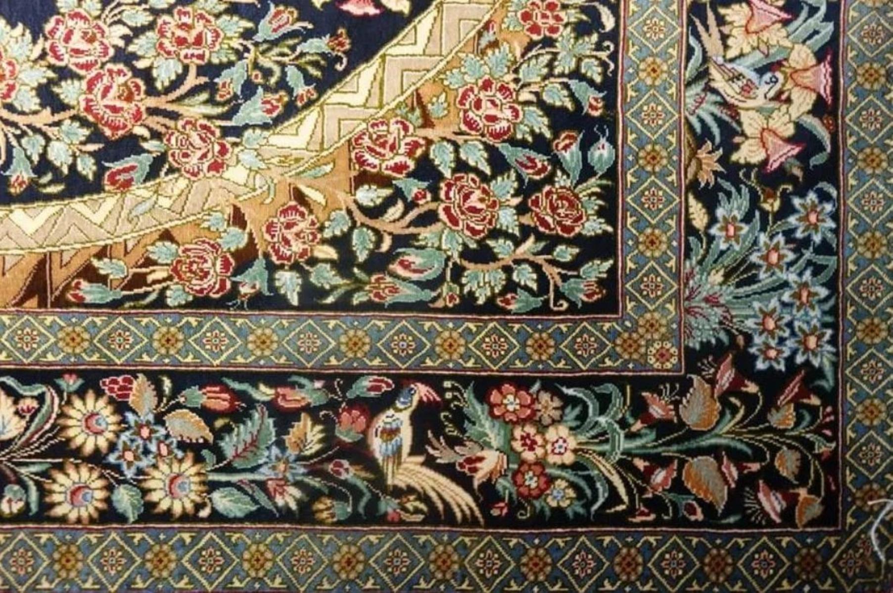 Very fine Persian Rug Qum 700 Knots per inch, Size 5 x 3.3 Iran Qum Motevaseli  Silk and Silk foundation. Around 1,600,000 knots tied by hand one by one. It takes a year to complete this piece of art.