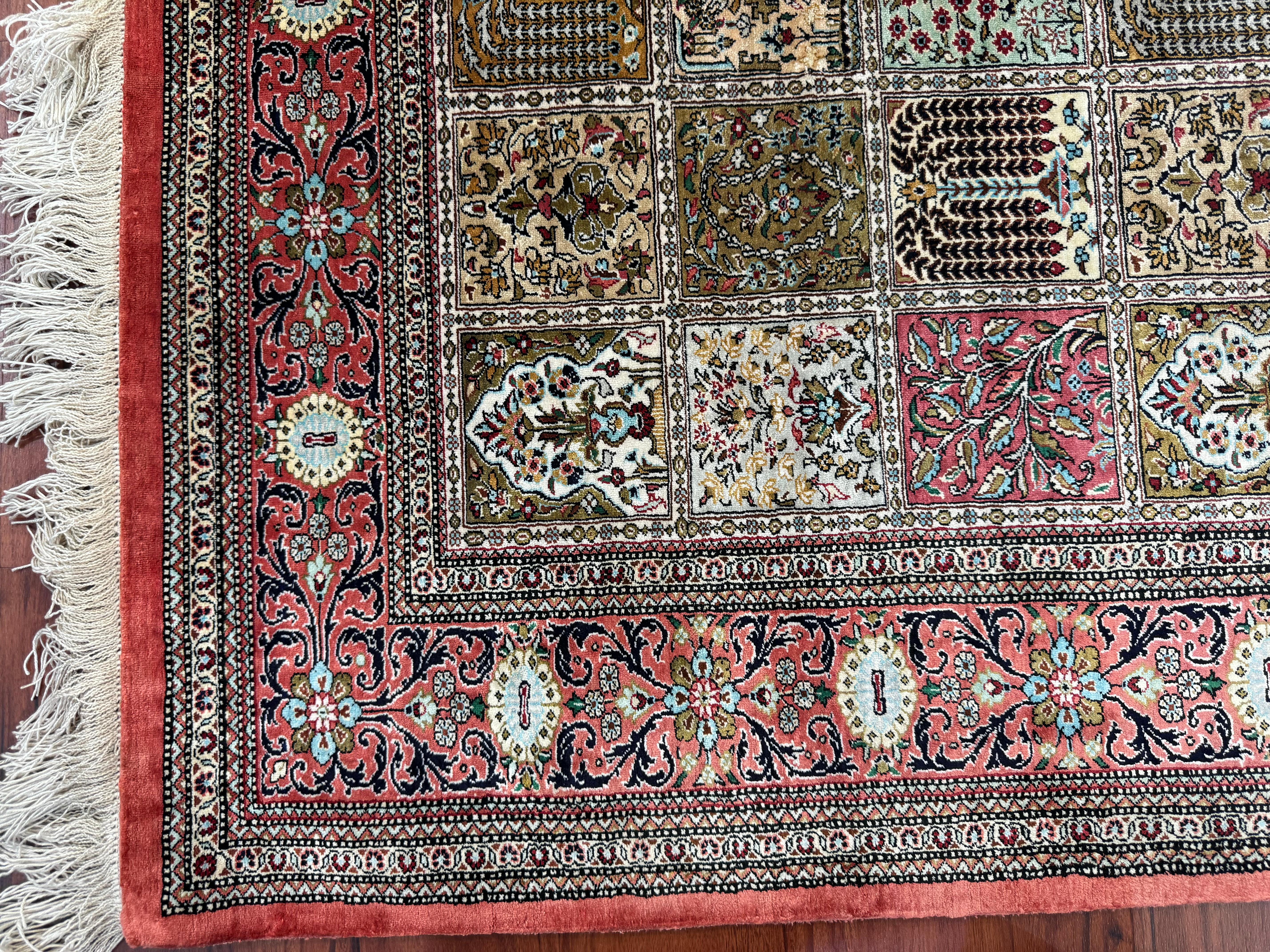 Hand-Woven Very Fine Persian Silk Qum Rug Garden Design  For Sale