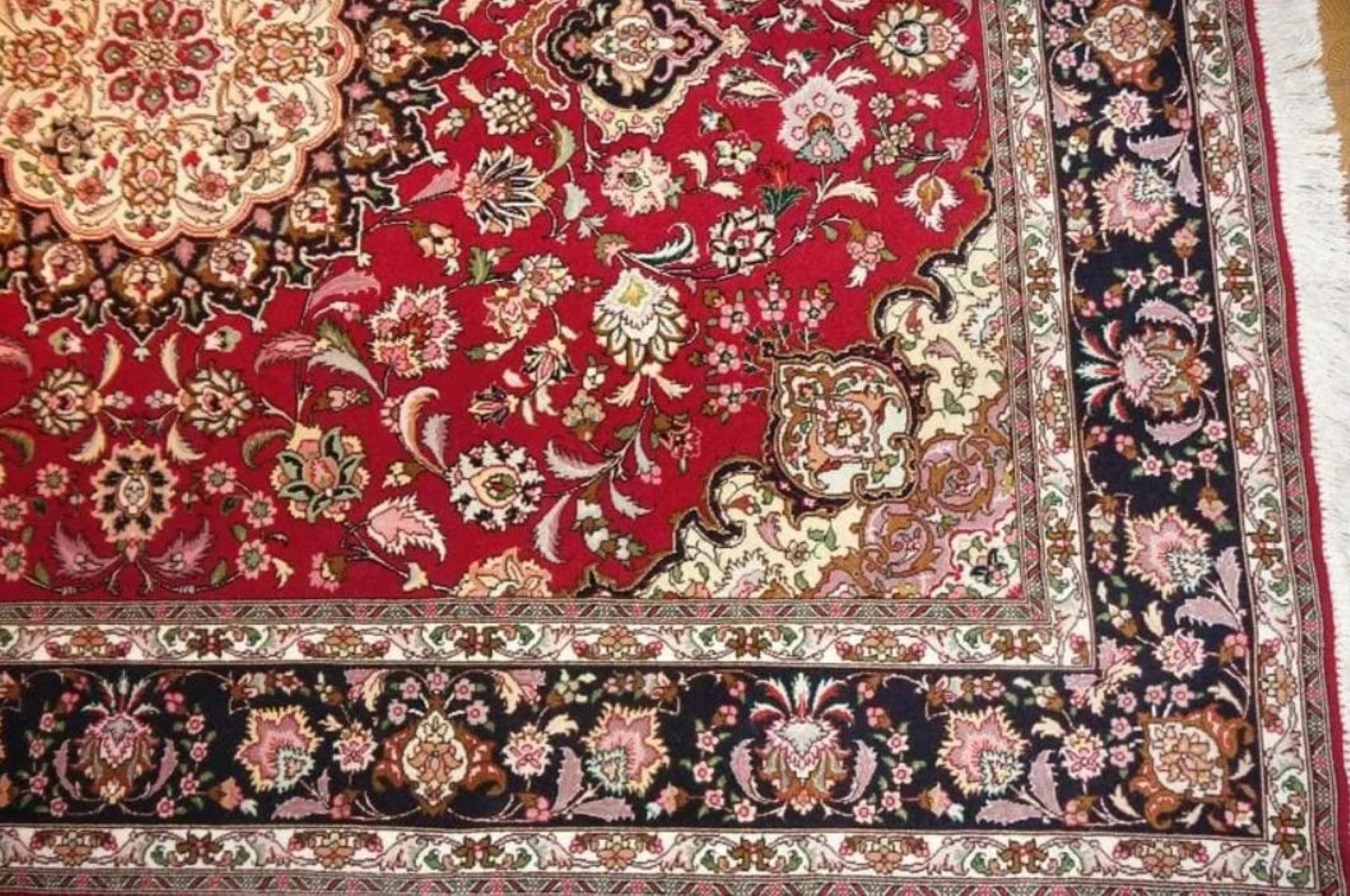 Very fine Persian Rug Tabriz 500 Knots per inch, Size 5 x 6.10  Silk and Silk foundation. Around 2,000,000 knots tied by hand one by one. It takes a year and a half to complete this piece of art.