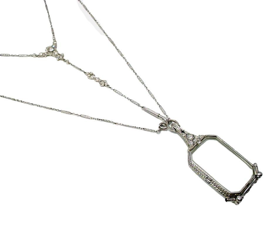 Women's or Men's Very Fine Platinum Art Deco Diamond Lorgnette and Fancy Link Chain Necklace For Sale
