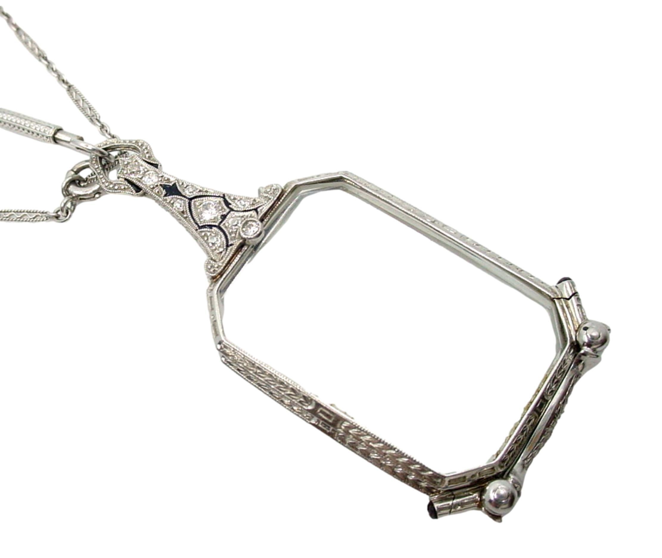 Very Fine Platinum Art Deco Diamond Lorgnette and Fancy Link Chain Necklace For Sale 1