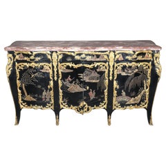 Enfilade Louis XV français de très belle qualité avec plateau en marbre peint de style chinoiserie noire