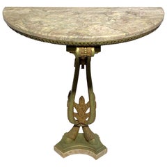 Table console demi-lune de très belle qualité en bronze français avec plateau en marbre