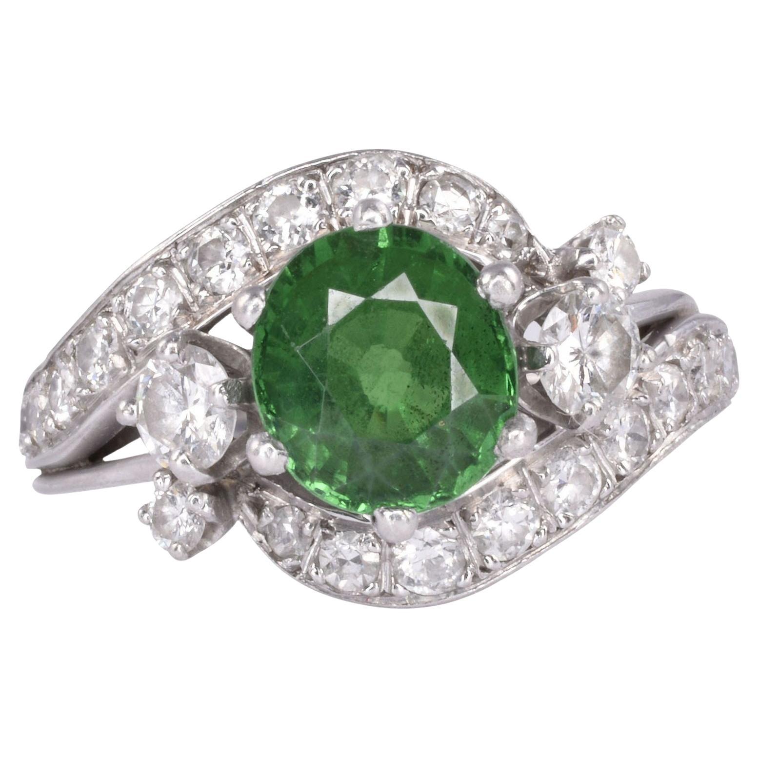 Bague en platine avec tsavorite et diamant de très belle qualité